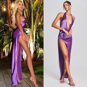 RETROFETE Satin Draped Halter Plunge Neck Open Back Ruched Side Slit Gown XXS‎
